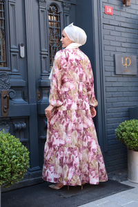 Yaprak Desen Elbise Mürdüm