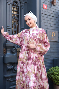 Yaprak Desen Elbise Mürdüm