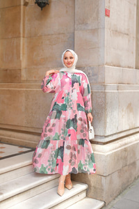 Yaprak Desen Elbise Pembe