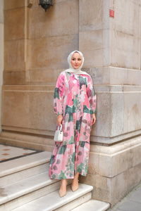 Yaprak Desen Elbise Pembe
