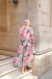 Yaprak Desen Elbise Pembe