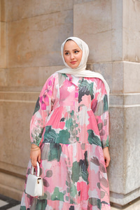 Yaprak Desen Elbise Pembe