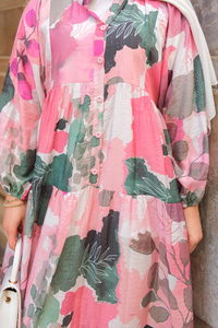 Yaprak Desen Elbise Pembe