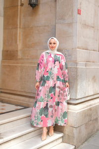 Yaprak Desen Elbise Pembe