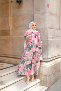 Yaprak Desen Elbise Pembe