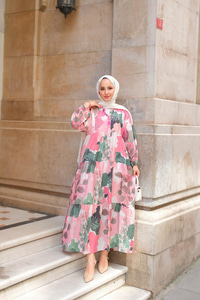 Yaprak Desen Elbise Pembe