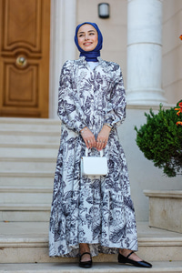 Yaprak Desen Elbise Siyah