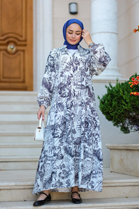 Yaprak Desen Elbise Siyah