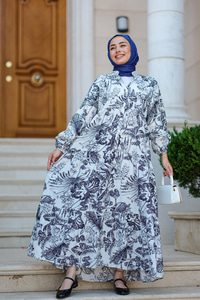 Yaprak Desen Elbise Siyah
