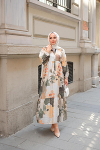 Yaprak Desen Elbise Yeşil