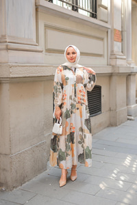 Yaprak Desen Elbise Yeşil