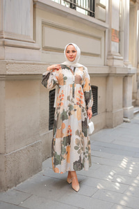 Yaprak Desen Elbise Yeşil