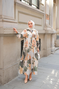 Yaprak Desen Elbise Yeşil