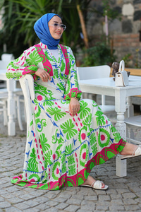 Yaprak Desen Elbise Yeşil