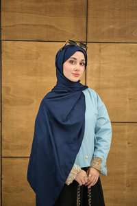 Yaprak Desen Jakar Şal Lacivert