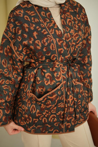 Yaprak Desen Şal Yaka Biyeli Ceket Kahverengi