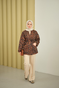 Yaprak Desen Şal Yaka Biyeli Ceket Kahverengi