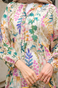 Yaprak Desenli Elbise Krem