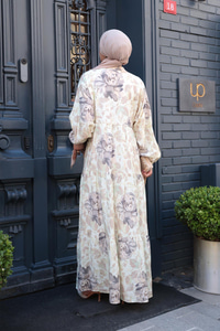 Yaprak Desenli Elbise Küf Yeşil