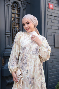 Yaprak Desenli Elbise Küf Yeşil