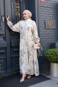 Yaprak Desenli Elbise Küf Yeşil