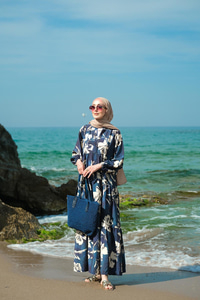 Yaprak Desenli Elbise Lacivert