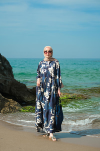 Yaprak Desenli Elbise Lacivert