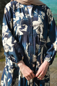 Yaprak Desenli Elbise Lacivert