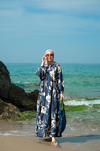 Yaprak Desenli Elbise Lacivert