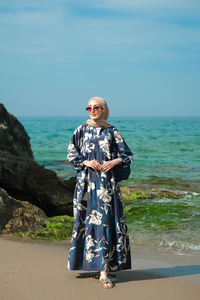 Yaprak Desenli Elbise Lacivert