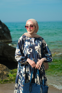 Yaprak Desenli Elbise Lacivert