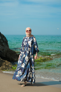 Yaprak Desenli Elbise Lacivert