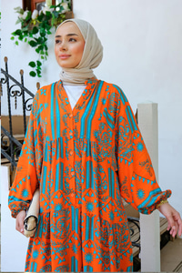 Yaprak Desenli Elbise  Turuncu