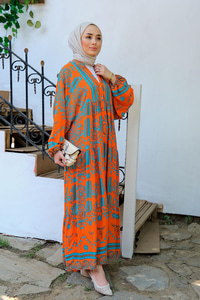 Yaprak Desenli Elbise  Turuncu