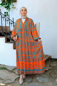 Yaprak Desenli Elbise  Turuncu