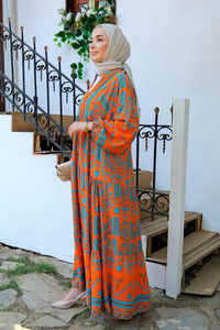 Yaprak Desenli Elbise  Turuncu