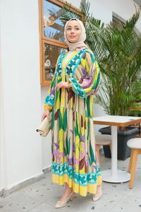 Yaprak Desenli Elbise Yağ Yeşil