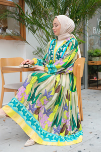 Yaprak Desenli Elbise Yağ Yeşil