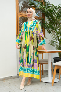 Yaprak Desenli Elbise Yağ Yeşil