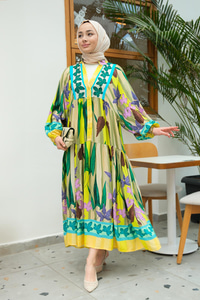 Yaprak Desenli Elbise Yağ Yeşil