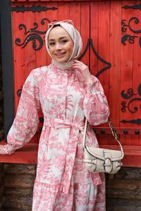 YAPRAK DESNLI ELBISE PUDRA