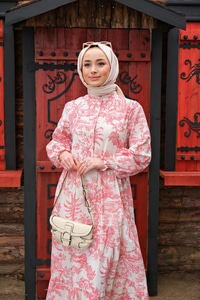 YAPRAK DESNLI ELBISE PUDRA