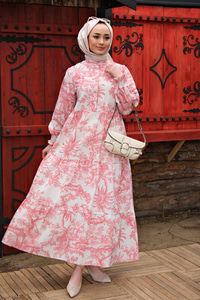 YAPRAK DESNLI ELBISE PUDRA