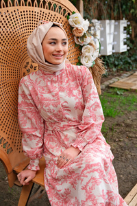 YAPRAK DESNLI ELBISE PUDRA