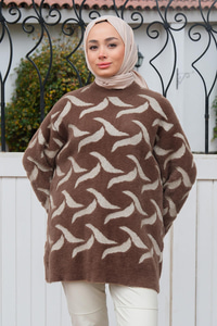 Yaprak Detaylı Pelüş Kazak Soğuk Kahve