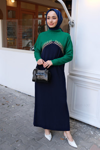 YAPRAK NAKISLI TRİKO ELBISE YESIL-LACIVERT