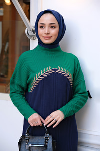 YAPRAK NAKISLI TRİKO ELBISE YESIL-LACIVERT