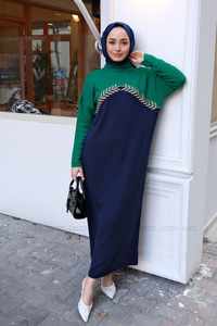 YAPRAK NAKISLI TRİKO ELBISE YESIL-LACIVERT
