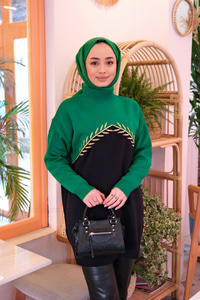 YAPRAK NAKISLI TRIKO TUNIK YESIL-SIYAH