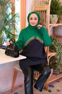 YAPRAK NAKISLI TRIKO TUNIK YESIL-SIYAH
